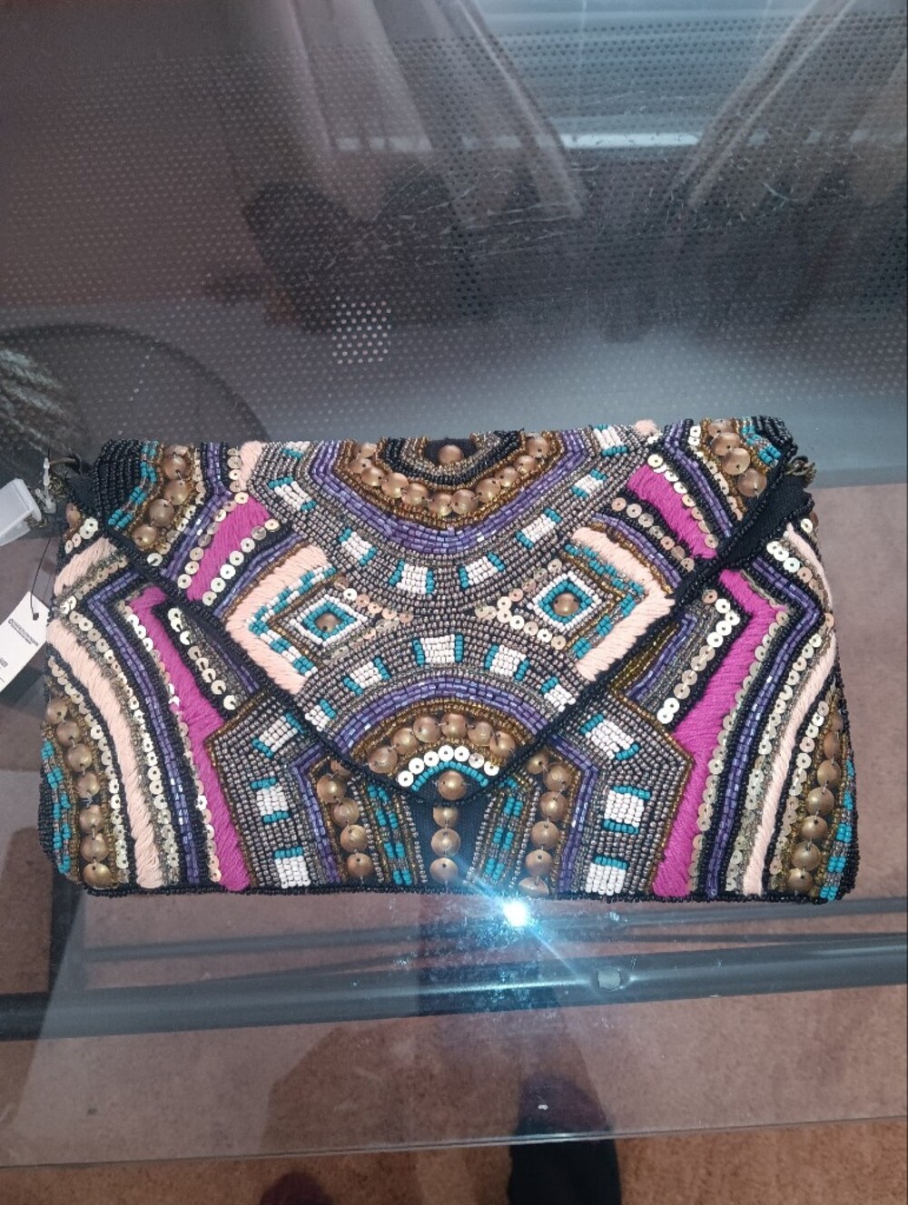 Beaded Geo Pattern Wristlet Clutch - Pink, Teal & Gold